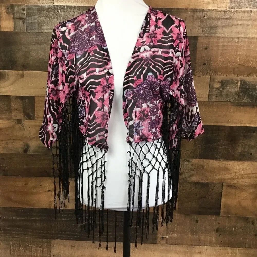 Bongo Shawl Shacket Cropped Black Fringe Black Purple Pink Boho Hippie JR Medium